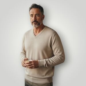 Gran Sasso 100% Virgin Wool V-Neck Sweater Italy‎ Luxury Camel Beige 7 US Large